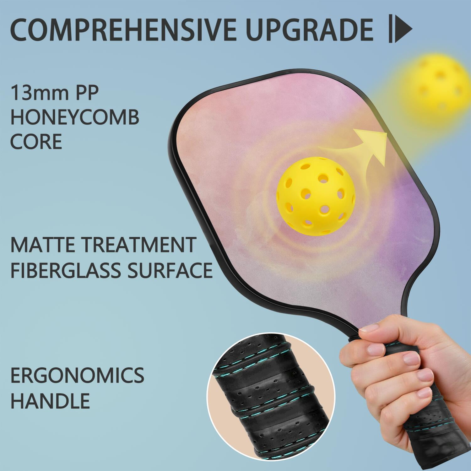 Pickleball Paddles Set Of 2, Fiberglass Surface, Fluid Smoke Aurora Art Style, 4 Balls & Bag