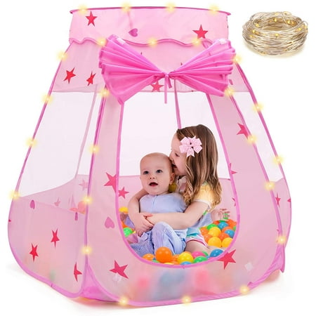 BEAURE Baby Girl Play Tent Pink Princess Playhouse with String Lights Ball Pit Toys for Toddlers Kids Ages 3-6