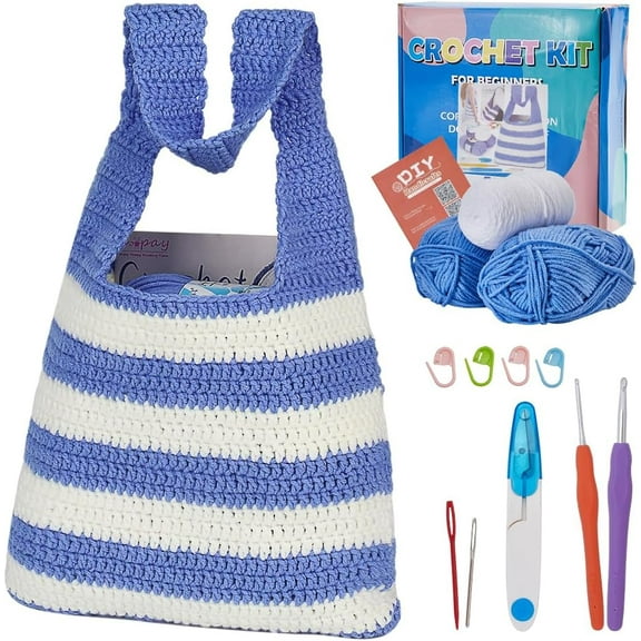 Women's bag DIY Knitting Kits for Beginners including Instructions Crochet Hooks Stitch Markers Yarns Scissors Big Eye Needle Cornflower Blue 0.2cm