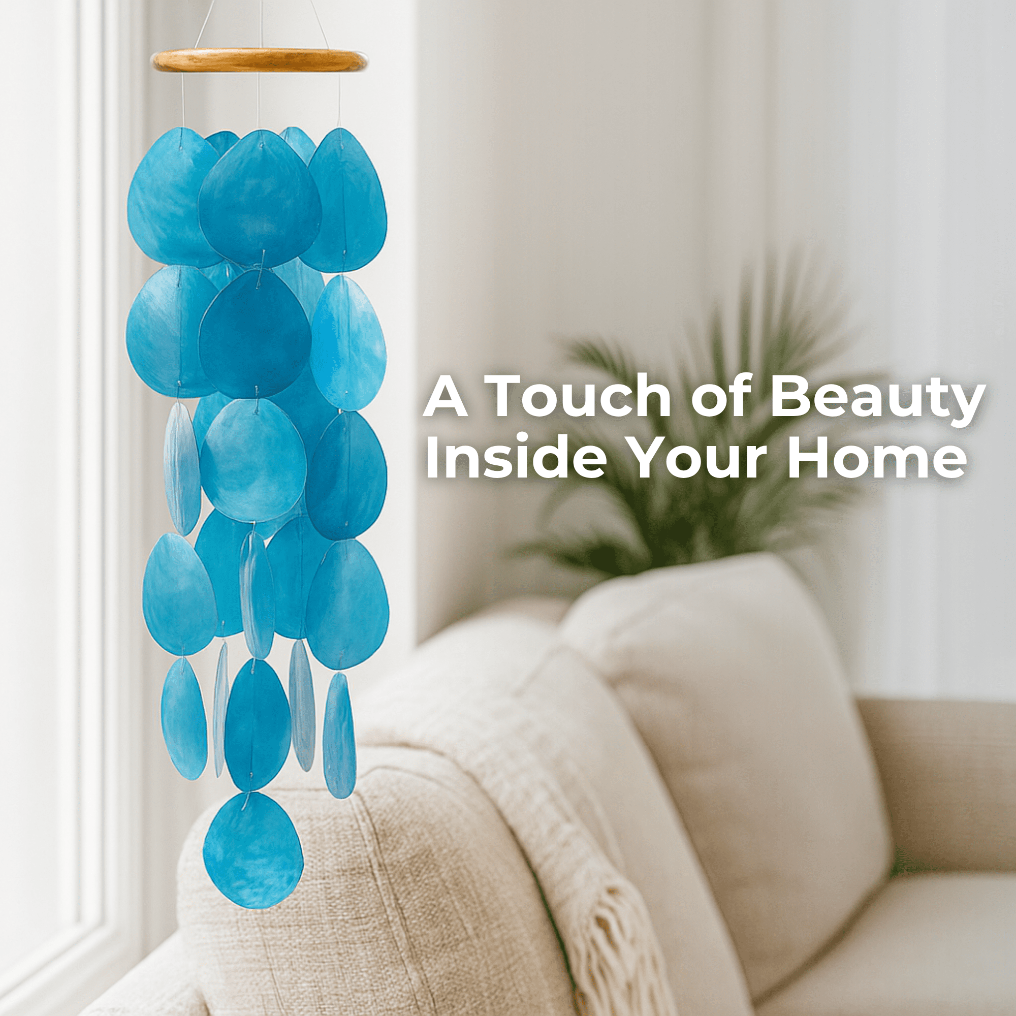 Solange & Frances Blue Capiz Shell Wind Chimes, 26" Hanging Teakwood Decor