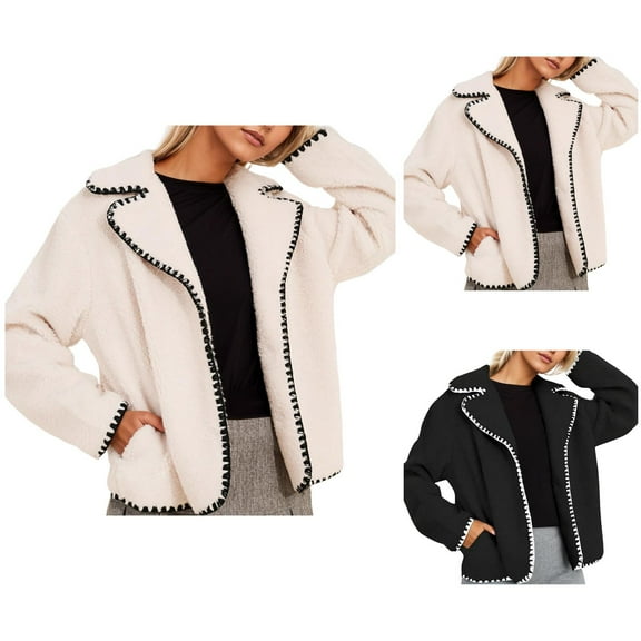 Jacket for Women Long Sleeve Embroidered Contrast Trim Notched Lapel Open Front Coat with Pockets Outerwear
