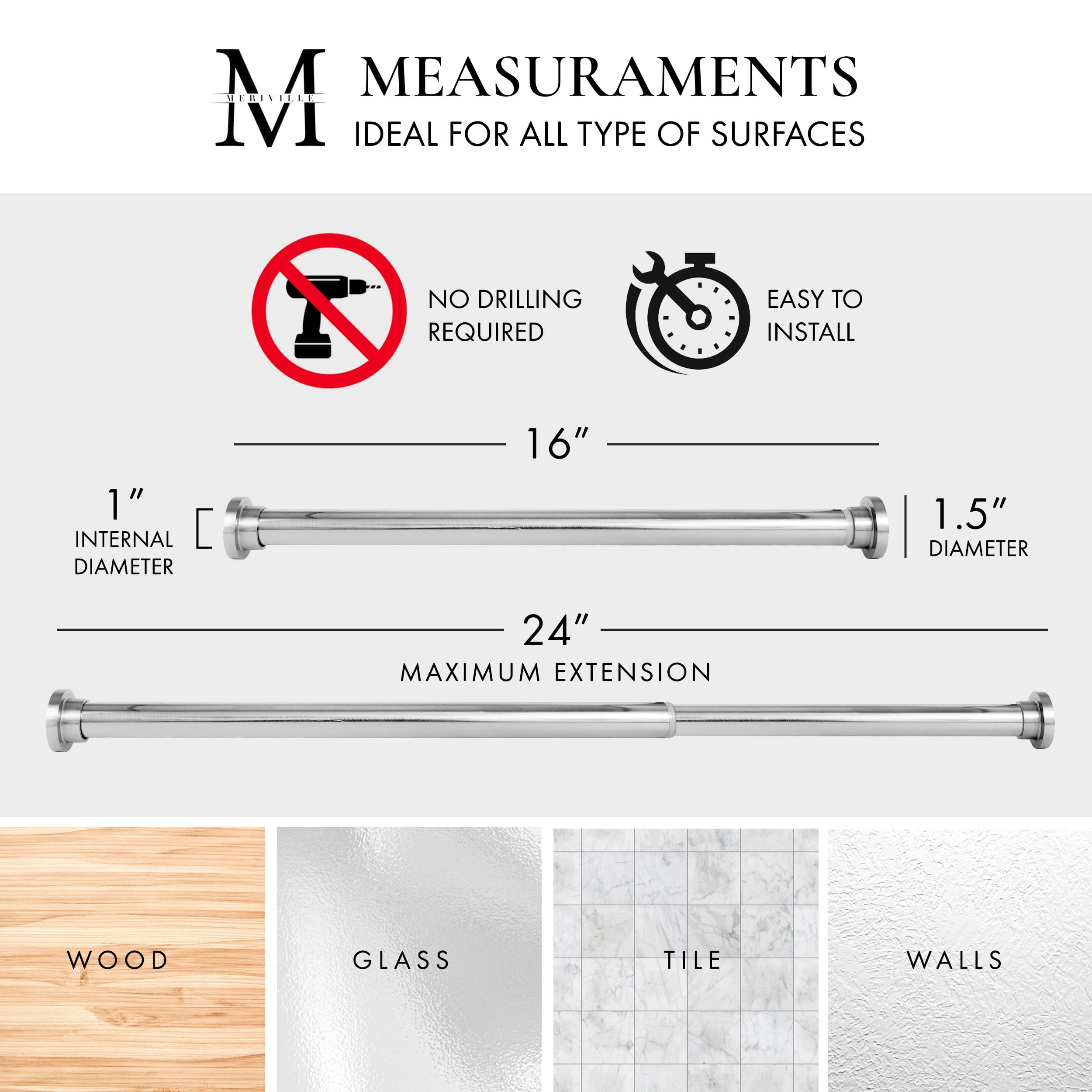 Meriville 1-inch Diameter Metal Tension Rod, Adjustable 16-24, Satin Nickel