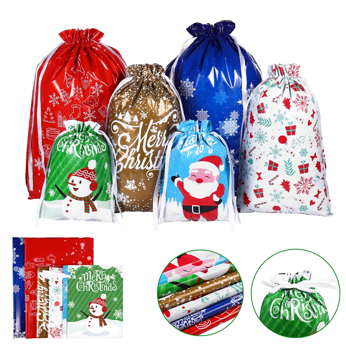 Holiday Time Red-Multi Reindeer Cloth Drawstring Christmas Gift Bag 8" x 10" 