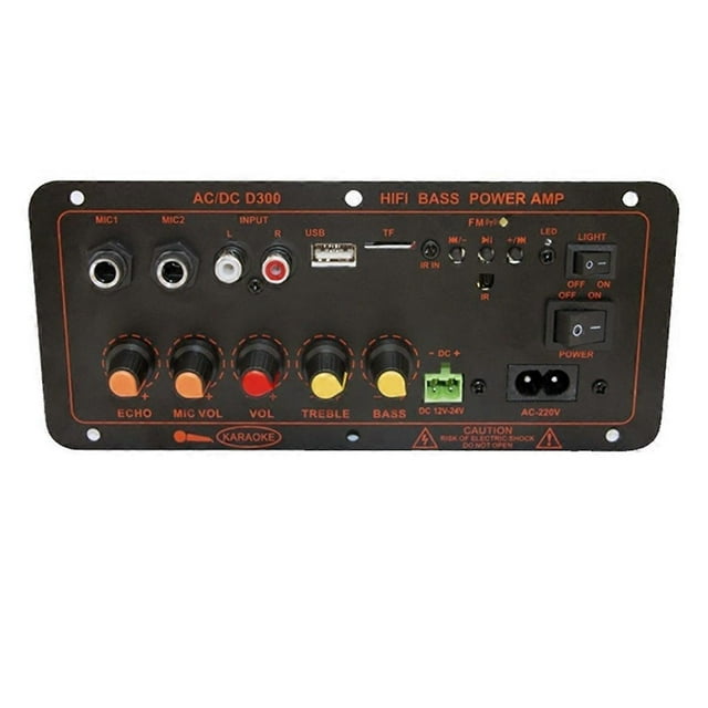 bluetooth 5.0 audio 300w amplifier board d300 subwoofer dual microphone amp amplificatore module car Vista frontal centrada de un panel de control negro metal/plástico AC/DC D300 con entradas MIC1 y MIC2 de 1/4 pulg., entradas RCA L/R, ranuras USB y TF, interruptores FM y LED, conector AUX, bornes DC 12–24V y toma AC 220V, y botón de encendido. Cinco perillas para echo, volumen de mic, volumen maestro, treble y bass con tapas de color. Apto para bocinas 4–8 ohm; frecuentemente usado como módulo Bluetooth para añadir conexión inalámbrica a sistemas de subwoofer.