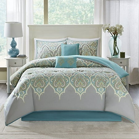 Comfort Spaces Mona 100 Cotton Printed Paisley Design 6 Piece Comforter Set Bedding King Teal Grey Canada Mona 100 Cotton Printed Paisley Design, King Bed In A Bag Sets Canada