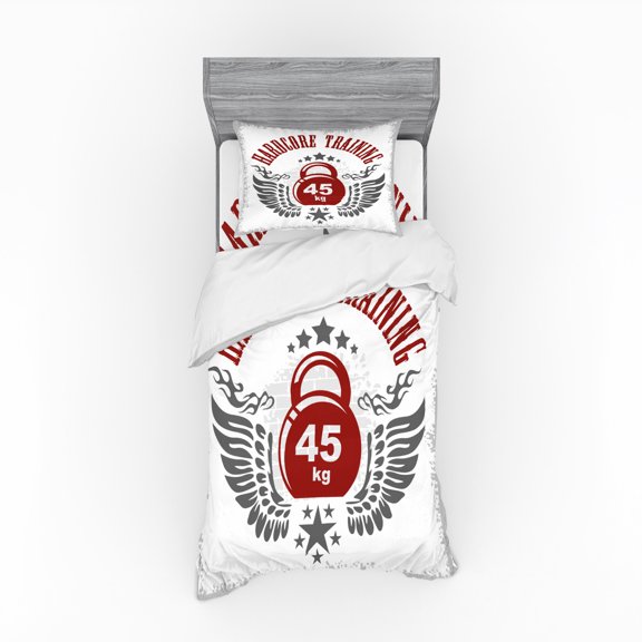 Ambesonne Fitness Bedding Set 3 Pcs, Vintage Gym Emblem, Twin, Red White Grey