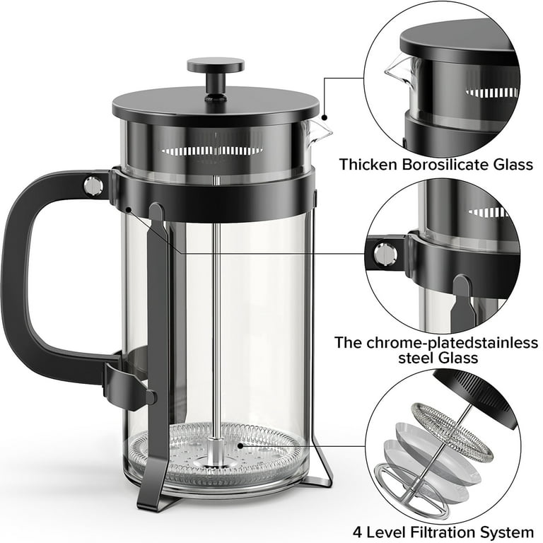 QUQIYSO French Press Coffee Maker, 34 Ounce, 304 Stainless Steel French  Press with 4 Filter, Borosilicate Glass Coffee Press, 100% BPA Free, Heat  Resistant Durable, Silvery 