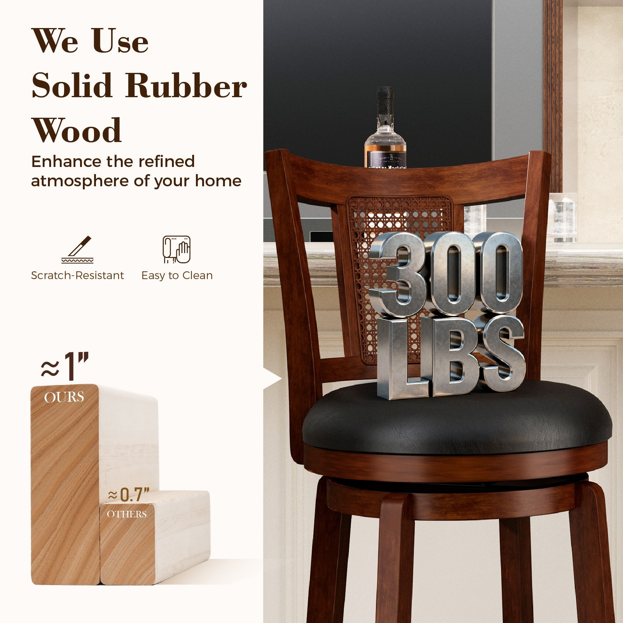 SUMMIT LIVING Wood Swivel Bar Stool Set of 2, Bar Height Kitchen Stool with Back, 30 inch Upholstered Pub Chair, Dark Brown