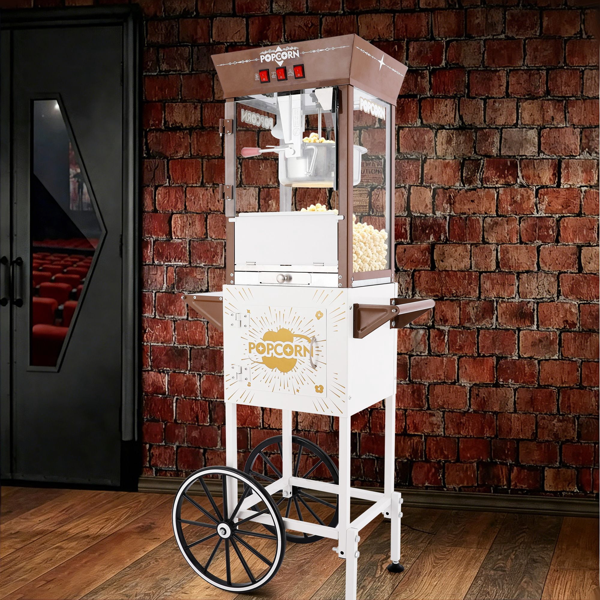 12oz Commercial Popcorn Machine with Cart, 3 Control Buttons Electric Popcorn Maker, Comes with 3 Candy Storage Boxes & 3 Plastic Spoons, Retro Popcorn Popper for Movie Theater Snack Bar