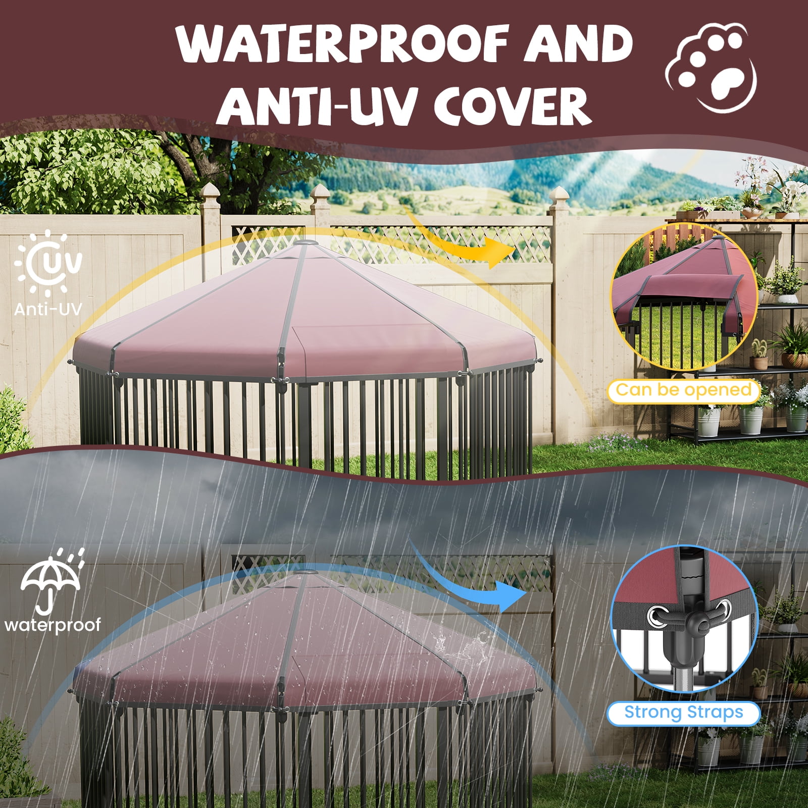 Luku Heavy Duty Octagon Outdoor Dog Kennel - 58''L x 58''W x 43''H with Roof, Lockable Metal Gate for Backyard
