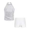 thumbnail image 4 of YEAHDOR Kids Girls Gymnastic Dance Outfit Halter Allover Sequins Tops with Gymnastics Workout Shorts White 12, 4 of 7