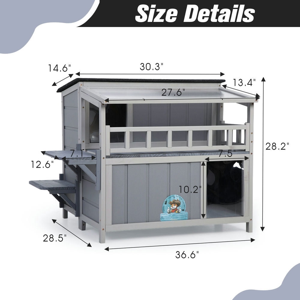 Spaco 2-Tier Wooden Cat House & Enclosure with Jumping Platforms and Play Run, Waterproof Outdoor Cat Cage, Gray
