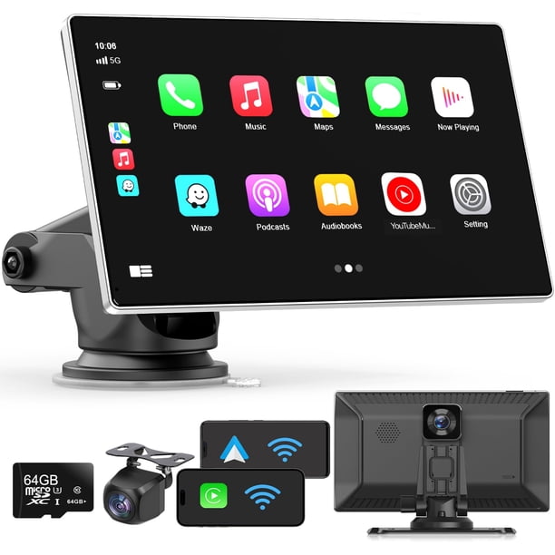 visualización portátil Apple Carplay para coche, 9 pulgadas, inalámbrica, Apple Carplay y Android Auto, cámara de salpicadero 4K, cámara de respaldo 1080p, DVR, receptores de audio de coche,
