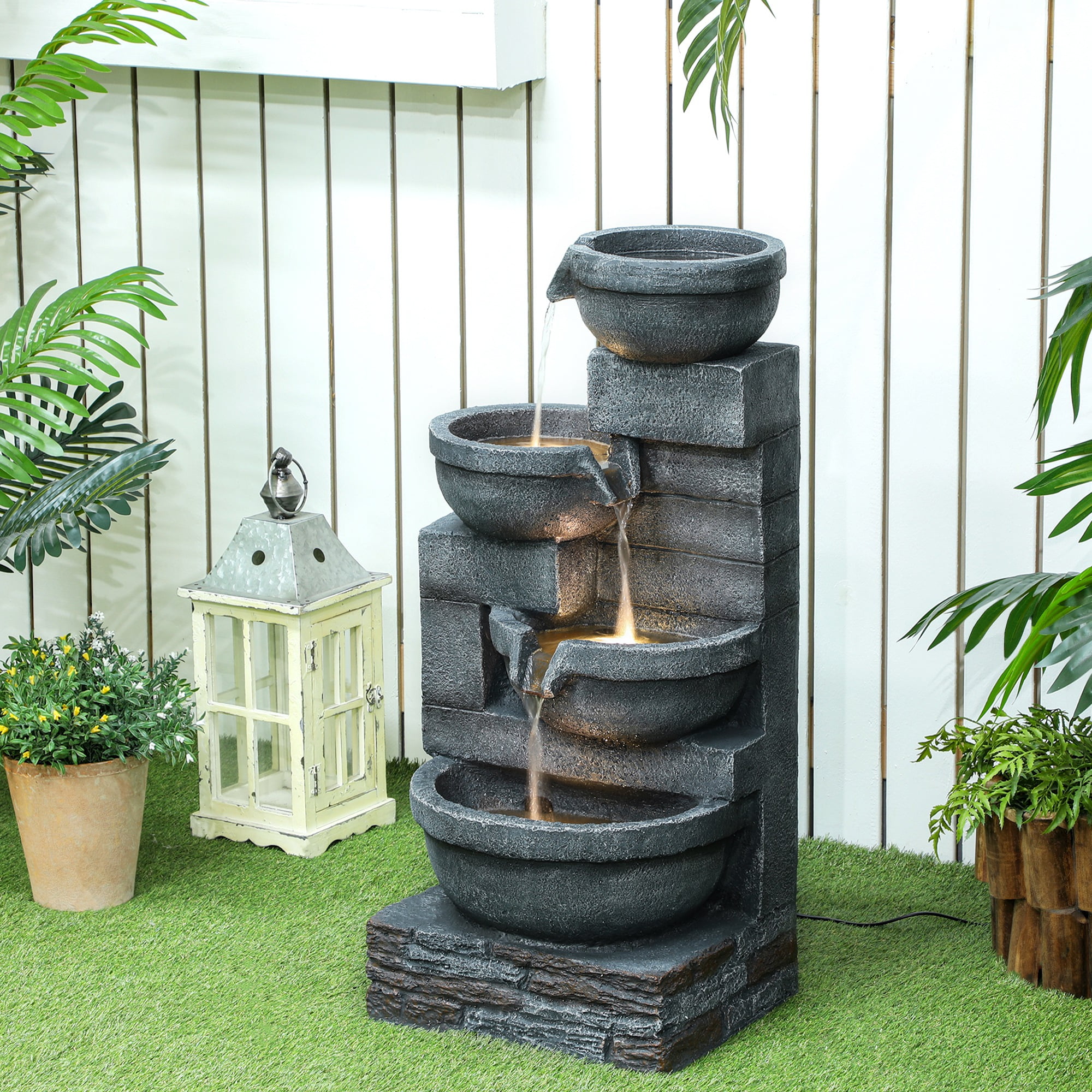Homiyad 30" Tall Outdoor Water Fountain with LED Lights, 4-Tier Resin Cascading Bowls Outdoor Fountain Waterfall Fountain with Pump, Gray