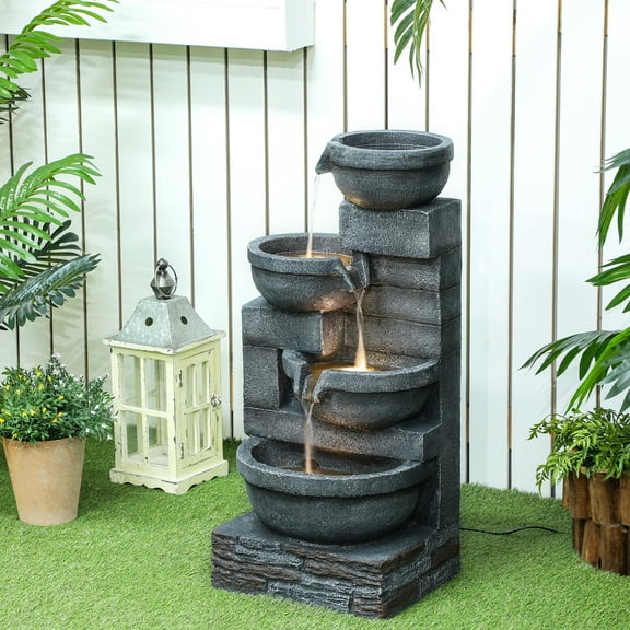 Outsunny 30" Outdoor Fountain with Lights, 4-Tier Resin Cascading Water Bowls Garden Fountain with Pump, Gray
