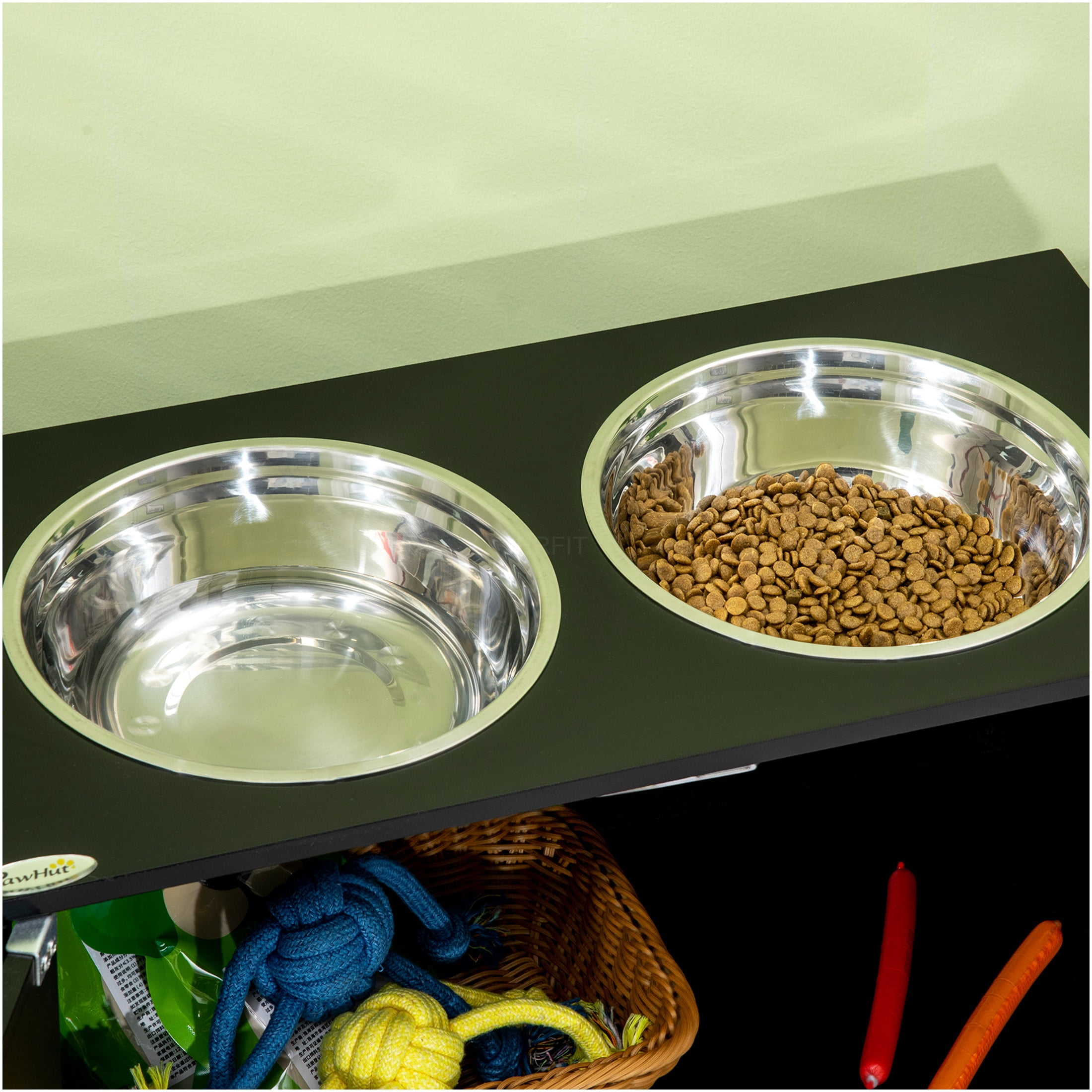 JERFIT Elevated Dog Feeder with Storage Cabinet, Magnetic Lock Pet Food Station Organizer, Large Stainless Steel Bowls, Black MDF Dog Dining Table