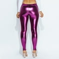 thumbnail image 3 of OFENTI Metallic Shiny Leggings - Mid Waist Faux Leather Footless Tights Pants Wet Look Skinny Glamour Purple 1X, 3 of 6