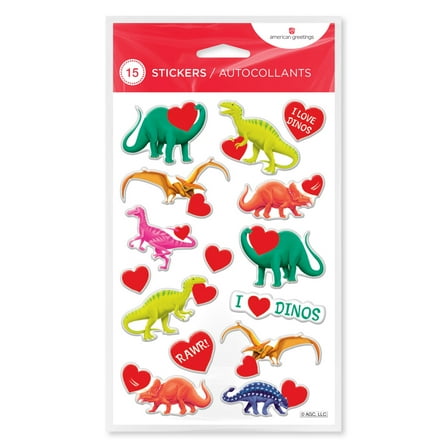 American Greetings Valentine's Day Puffy Stickers, Dinosaurs (15-Stickers, 1-Sheet)