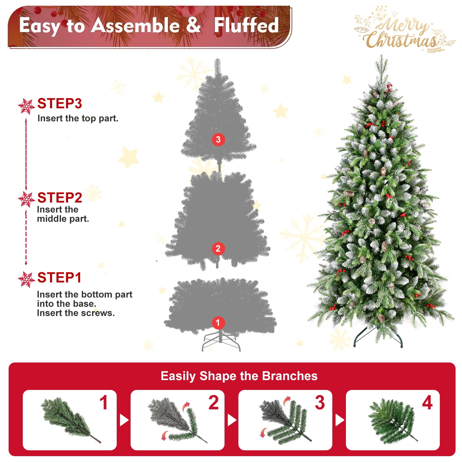 6 Ft Pre-Lit Artificial Christmas Tree with 380 Warm White LED Lights, 1264 Tips, Frosted Greenery with Red Berries & Natural Pinecones, Full Holiday Tree with Sturdy Metal Stand