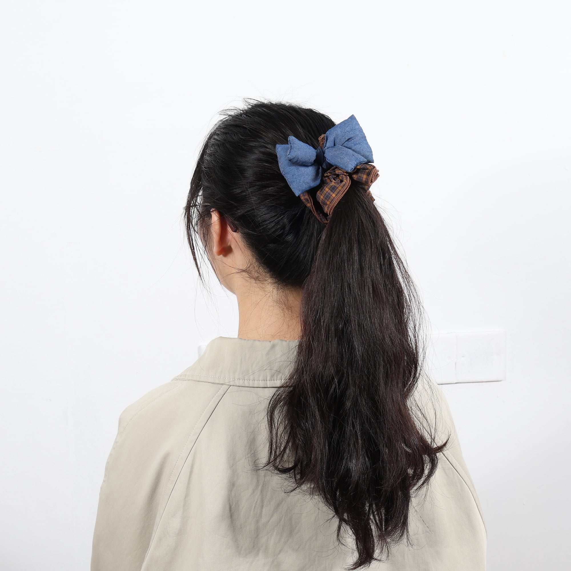 Unique Bargains Fashionable Denim Hair Ties All Occasions 1 Pc Blue, Brown Bow