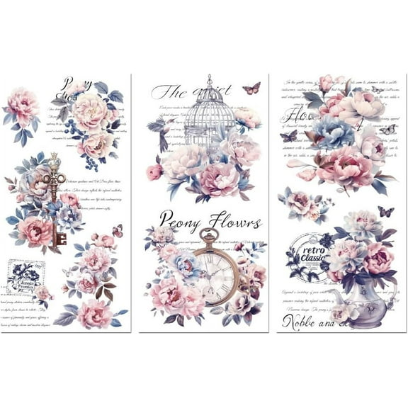 Rub on Transfer Decals for Furniture Crafts Decor 6"x12" 3Pcs Vintage Peonies Waterproof UV DTF Transfer Decals Sticker for Dresser Lingerie Chests Drawer Glass Porcelain Wood Plastic