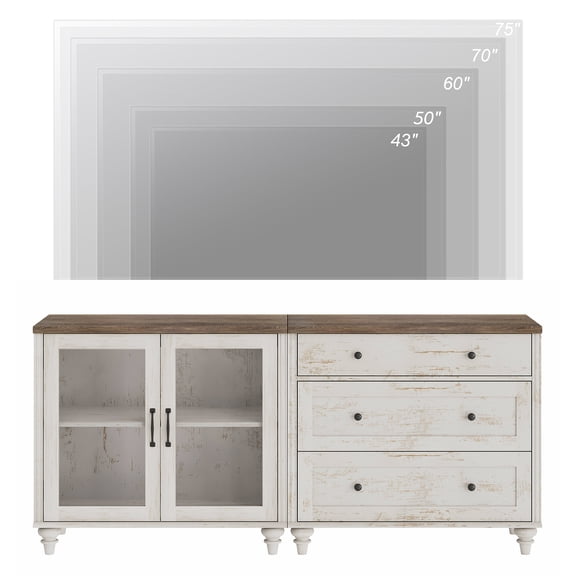 TV Stand for 75 Inch TV, 2-in-1 Wood TV Cabinet Entertainment Center Television Stands for Living Room, Sideboard Buffet Cabinet with Glass Door & Drawer for Kitchen, Rustic White