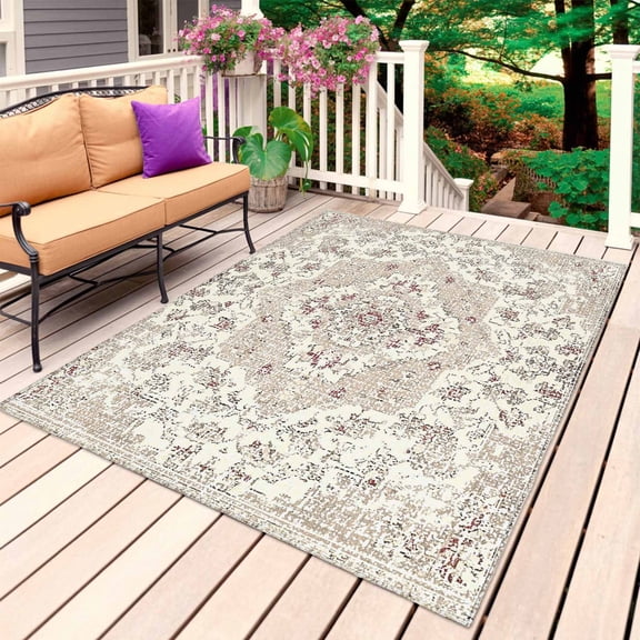 Beige Boho Outdoor Rug 4x6 Ft, Non Slip Washable Area Rug, Middle Century Ethnic Vintage Abstract Patio Rugs Carpet Runner, Large Floor Mat for Indoor/Outdoor Deck Porch Camping