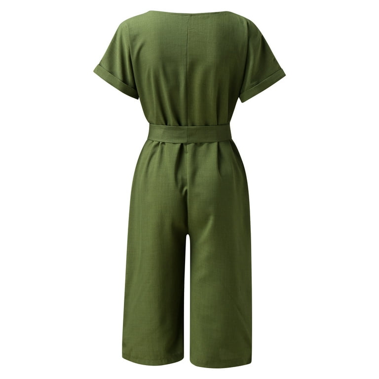 ZIZOCWA Women Short Sleeve Ribbed Knit Jumpsuit Women Tuxedo Suit Plus Size  Women Casual Solid V Neck Short Sleeve Button Pocketed Wide Leg Jumpsuits