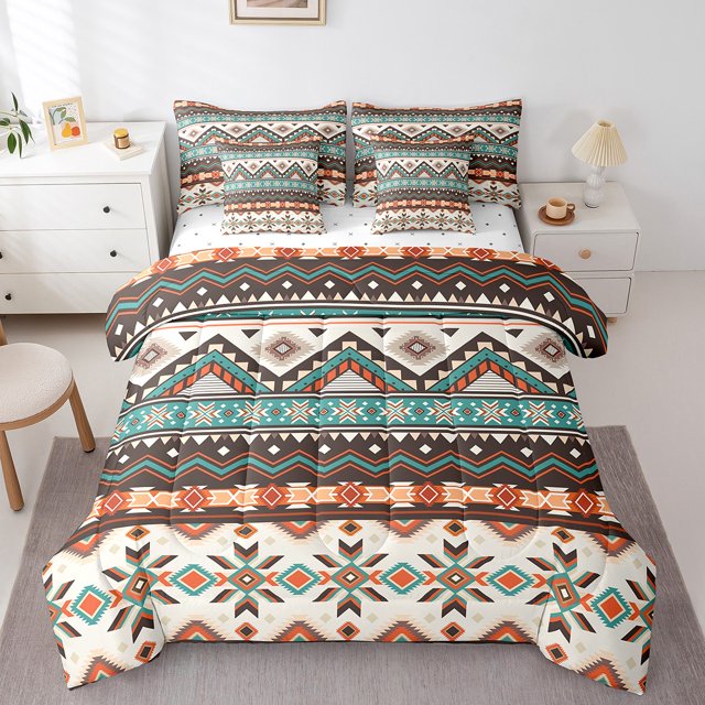 Erosebridal Tribal Aztec Bedding Sets King Size, Bohomian Hippie Comforter Sets with Sheets, Triangle Geometric Decor, Reversible