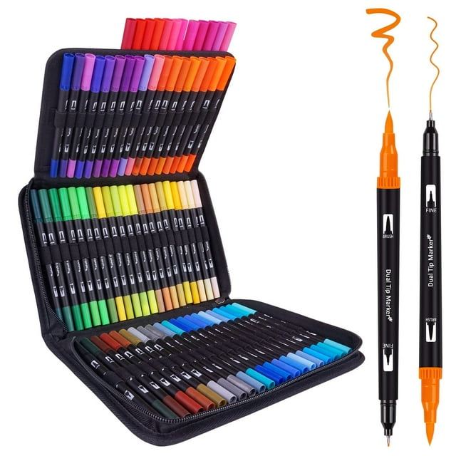 Dual Brush Marker Pens, 72 Colors Art Markers Set with Fine Tip and Brush Tip for Kids Adult Coloring Book Bullet Journaling Note Taking Planner Hand Lettering Calligraphy Drawing Art Supplies Kit