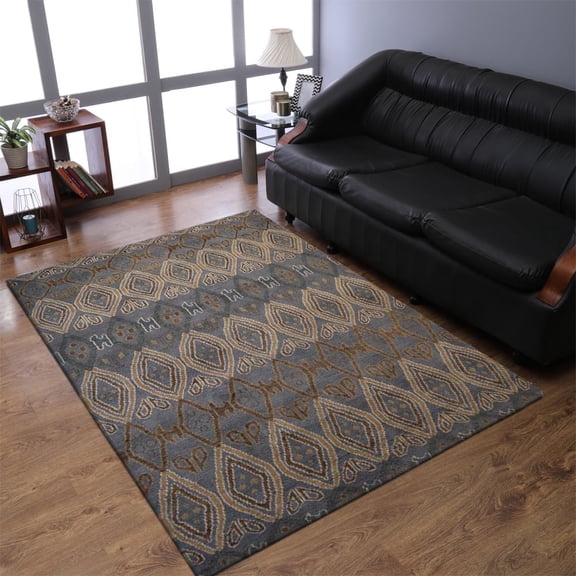 HAND KNOTTED WOOL GEOMETRIC MODERN AREA RUGS - 5'x8', Rectangle Shape, Light Blue Color, Classic Traditional Design, Low Pile Handmade Area Rugs for Living Room, Bed Room (N00803)