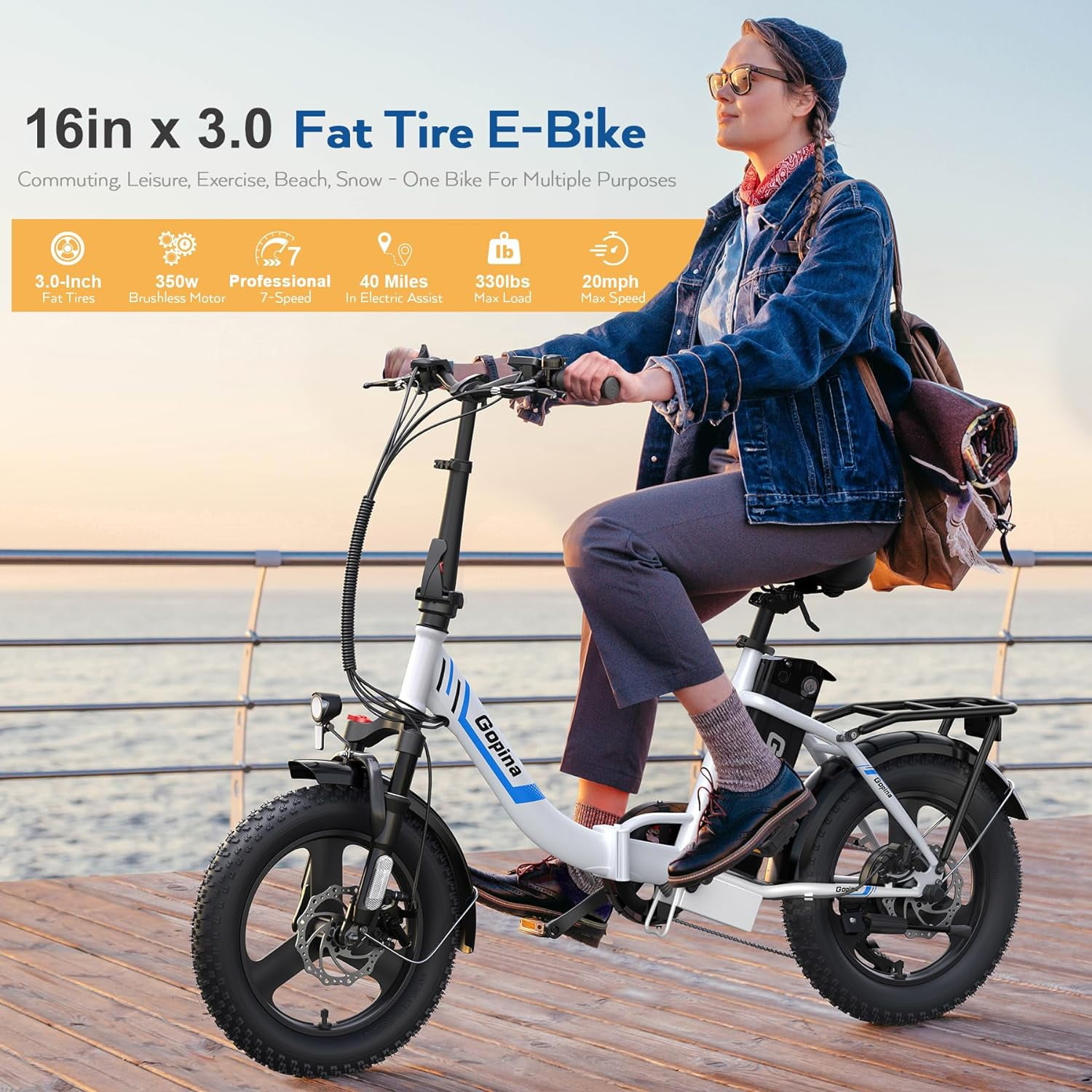 Vivi Electric Bike 16" x 3.0 Fat Tire Electric Bike 48V 350W Adult Folding Electric Cruiser Bike Step-Through Electric Bike 19.8MPH Commuter Electric Bike, UL2849 Certified