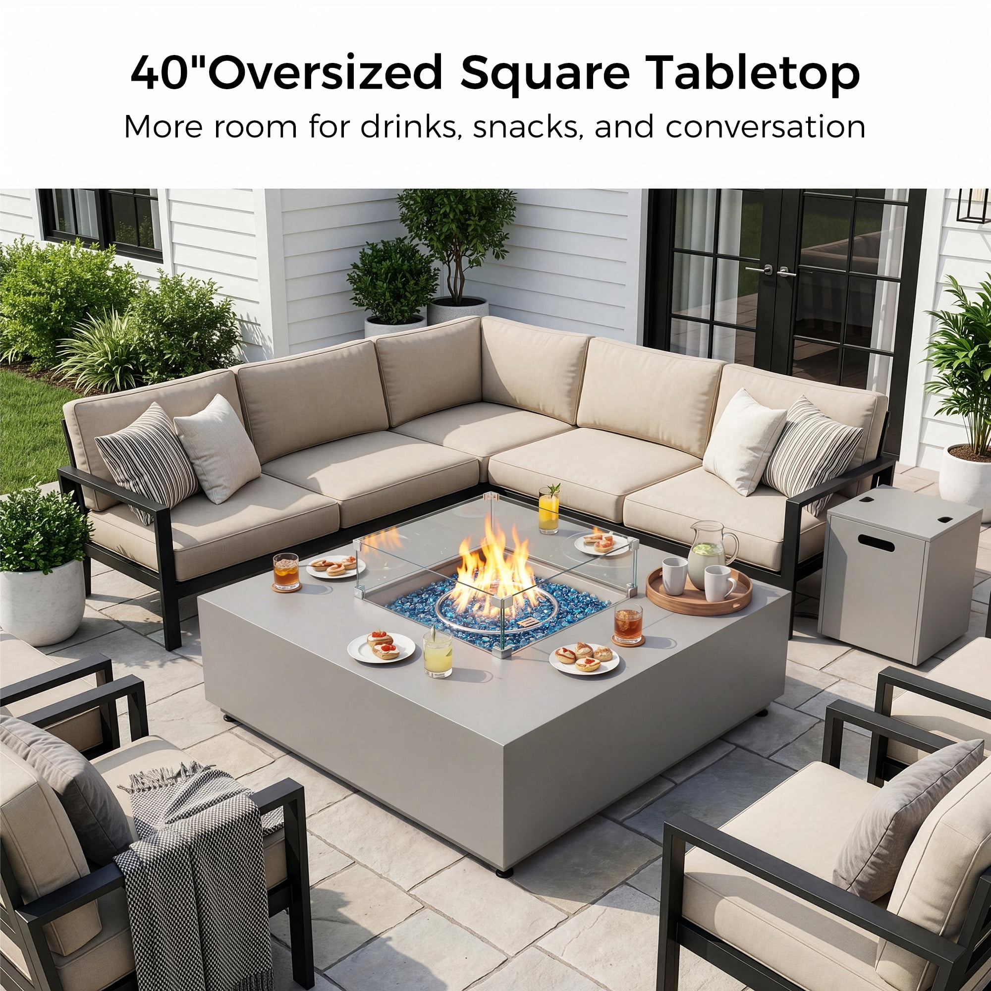RADIATA 40" Square Propane Fire Pit Table, Dual Fuel Natural Gas Fire Pit Convertible, 50,000 BTU Modern Gas Fire Pit with Hidden Tank Side Table,Outdoor Fire Pit Table for Outside Patio