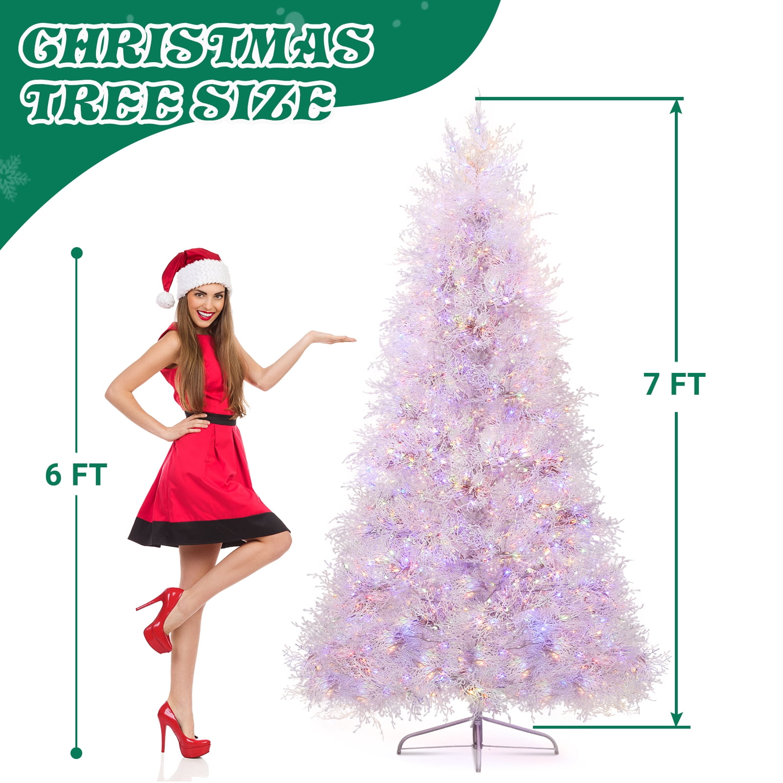 7FT White Christmas Tree, 400 LED Lights with 3 Modes Warm White Multi-color Macaroon, 1218 PE Branch Tips, Flame-Retardant, Reinforced Metal Stand, Indoor Living Room Entryway Office Holiday Decor