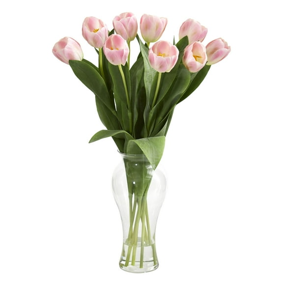 Nearly Natural Tulips Artificial Arrangement in Vase, Pink