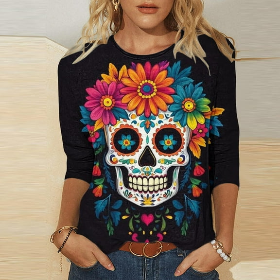 Hueook Fall Shirts for Women Tie Dye Shirt Women Ladies' Day Of The Dead Printed Round Neck Three Quarter Sleeve 3/4 Sleeve T-shirt Loose Top Long Sleeved Round Neck Top/shirt Multicolor 4X