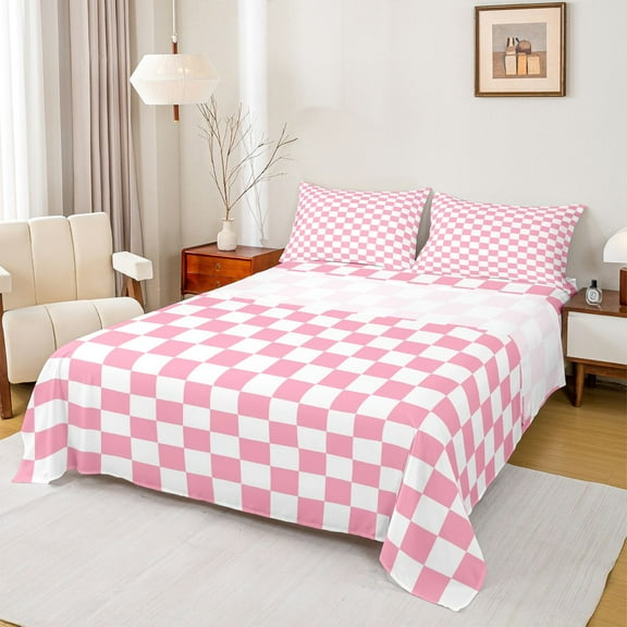 Homewish Geometric Plaid 3pcs Twin Sheet Sets For Teens Boys Girls,Pink White Twin Fitted Sheet,Vintage Aesthetic Breathable Flat Sheet,Super Cozy Room Decor
