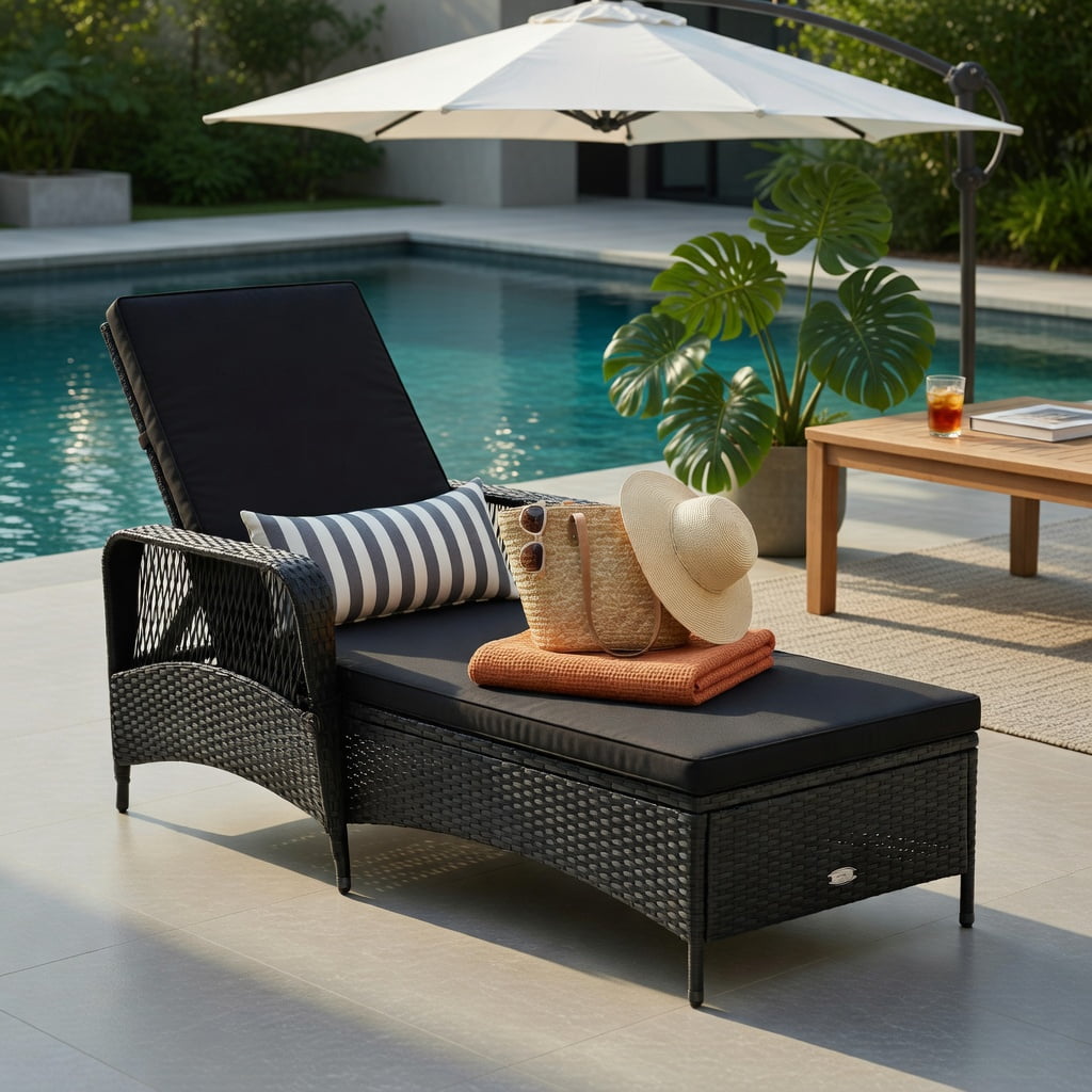 Hommoo Adjustable Outdoor Wicker Chaise Lounge Chair with Weather-Resistant Cushion & Lumbar Pillow, Steel Frame, Black