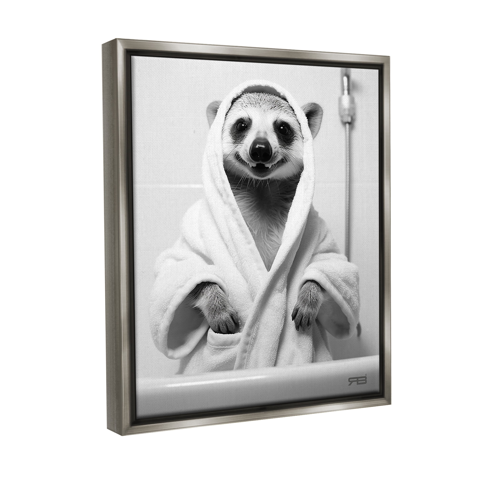 Stupell Industries Animal in Bathroom Robe Animals & Insects Painting Gray Floater Framed Canvas Art Print Wall Art, 17 x 21