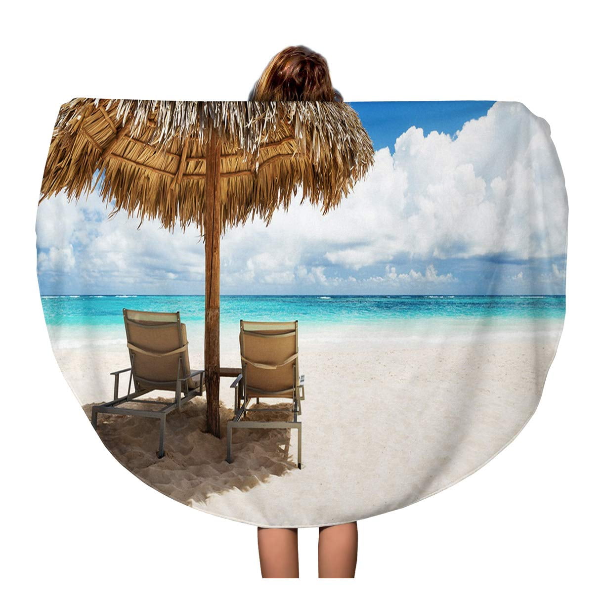 SIDONKU 60 inch Round Beach Towel Blanket Beach Chairs Umbrella and