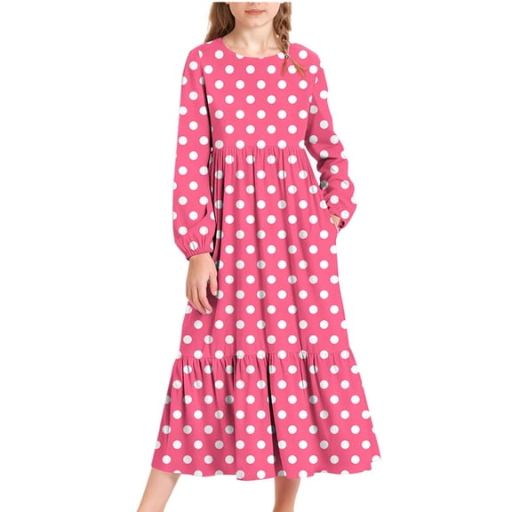 Cethrio Girls Party Dresses Size 14-16, Crew Neck Long Sleeve Party Casual Maxi Dresses with Pockets Pink Size 14-16