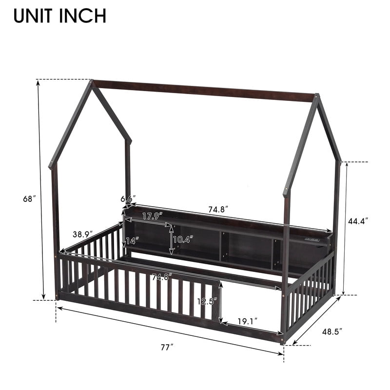 Twin Size House-Shaped Canopy Bed with Roof, Wood Kid's Floor Bed Frame with Storage Shelves, LED Lights & Charging Station