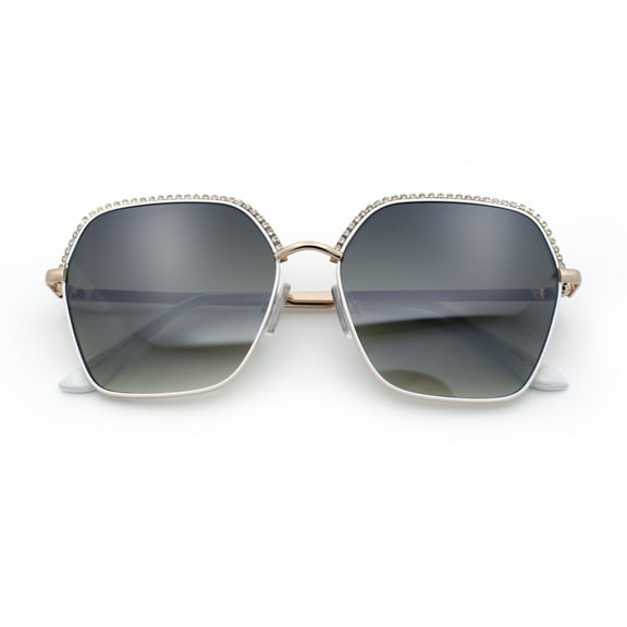 Womens Bling Rhinestone Brow Trim Rectangle Butterfly Metal Rim Sunglasses Gold White - Brown