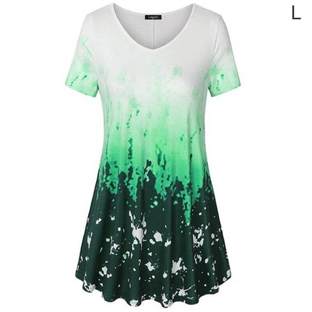 Camiseta de mujer Blusa informal con estampado degradado Vestido suelto con cuello en V, Verde, L kenally AP001902-11
