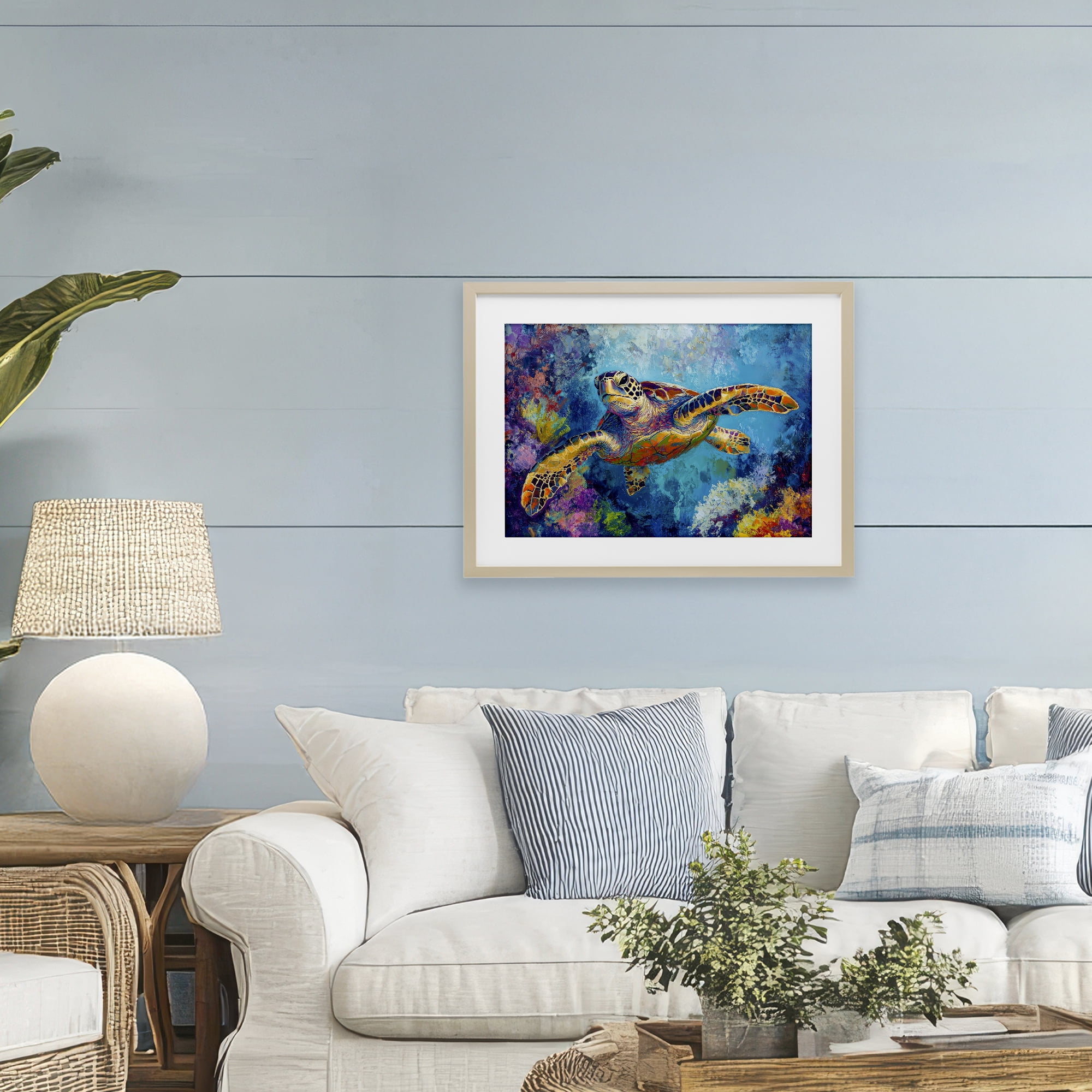 Stupell Industries Colorful Sea Turtle over Coral Birch Framed Print Under Glass, design by Petal Prints Design