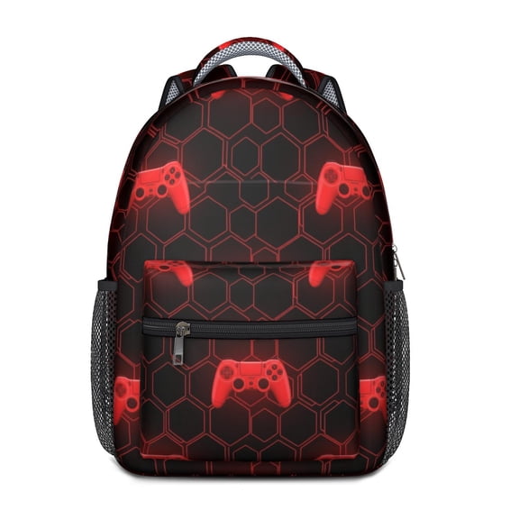 Game Controller Red Pattern Backpack for School, Cute School Bag with Adjustable Shoulder Straps and Padded Back, 15.3"x11"x6.7"