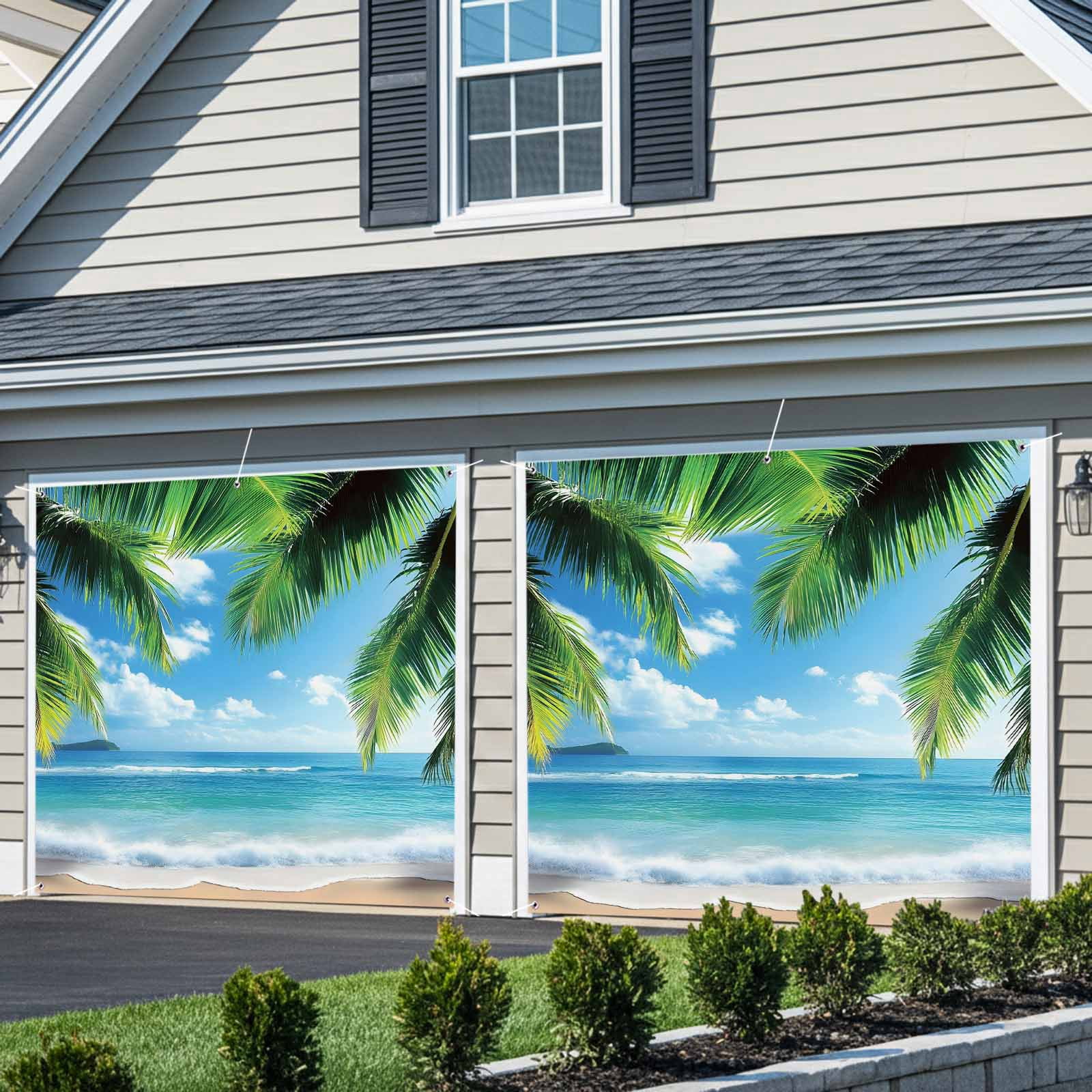Beach Ocean Waves Garage Door Cover Banner 7 x 16 FT, Summer Tropical Palm Tree Leaves Garage Door Curtains Backdrop with Grommets for Indoor Outdoor Wall Party Porch Yard Decorations Background