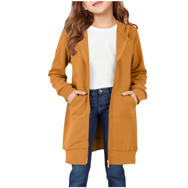 Dealovy Fall Baby Girls Hoodies Causal Zip up Long Sleeve Hooded Sweatshirt with Pockets Kids Solid Color Loose Jacket