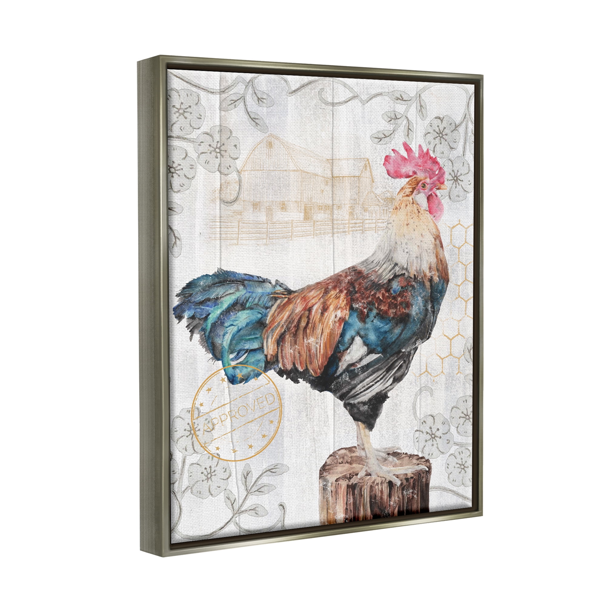 Stupell Industries Rooster with Vintage Pattern Animals & Insects Painting Gray Floater Framed Canvas Art Print Wall Art, 17 x 21