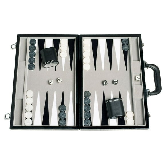 Travel Backgammon Set - Leatherette Velvet Playing Field - 15-inch Black/Grey